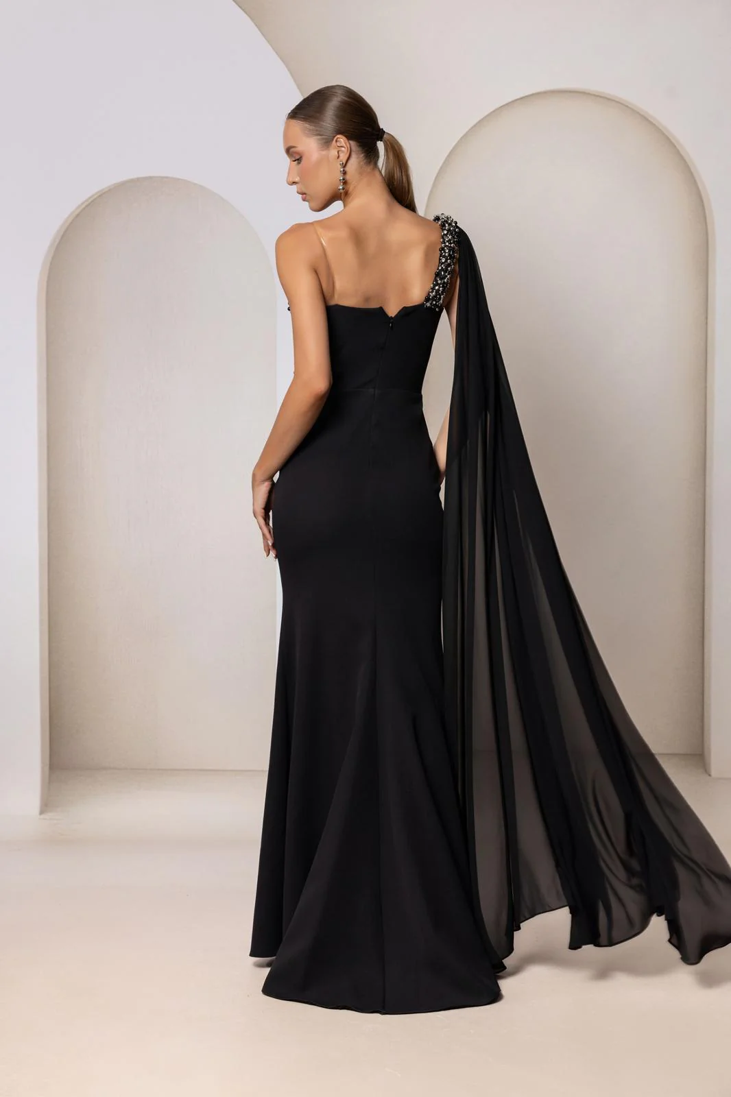 Elegant One Shoulder Gown with Embellished Draped Detail Style 8136 - Image 2