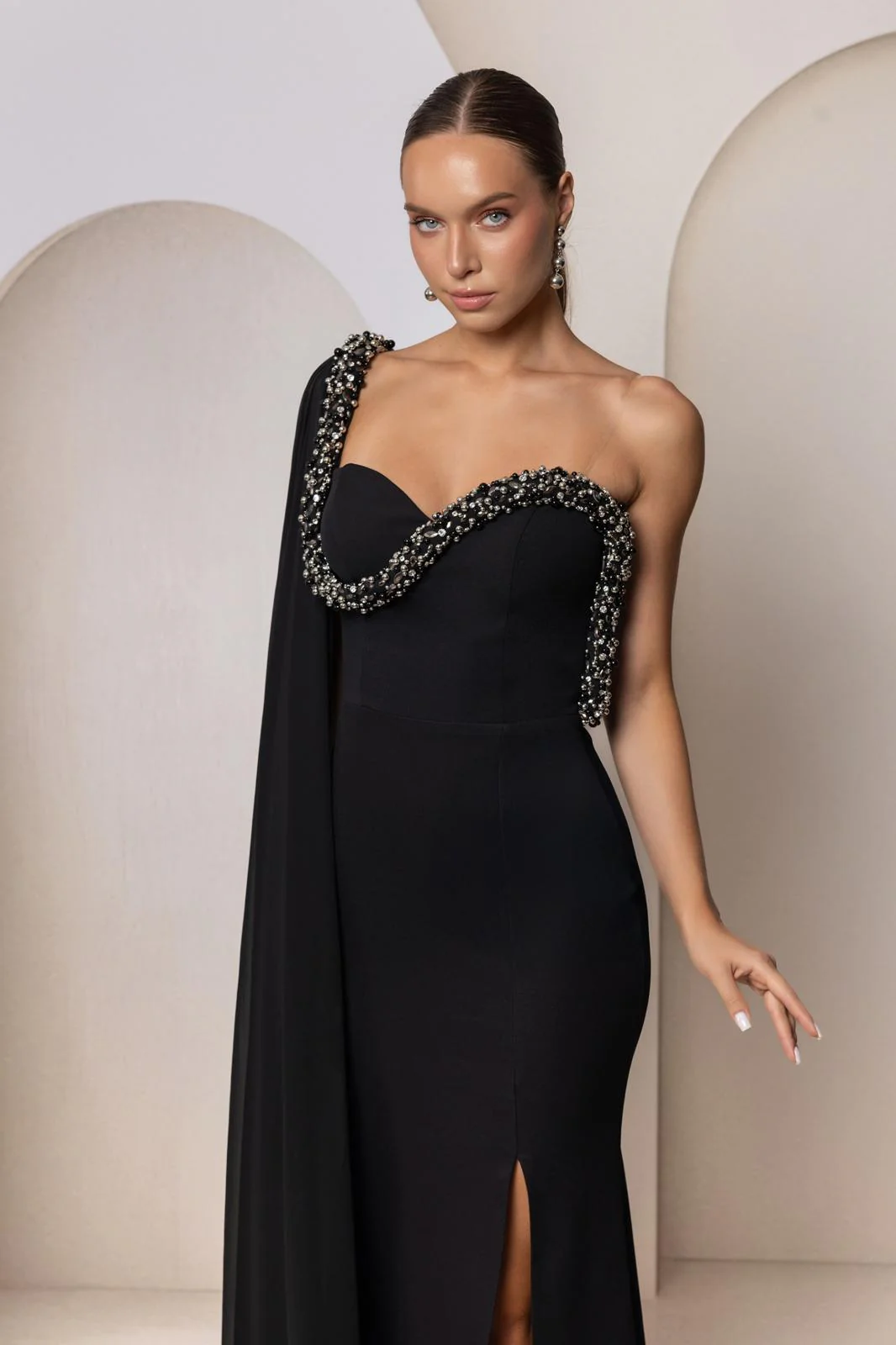 Elegant One Shoulder Gown with Embellished Draped Detail Style 8136 - Image 3