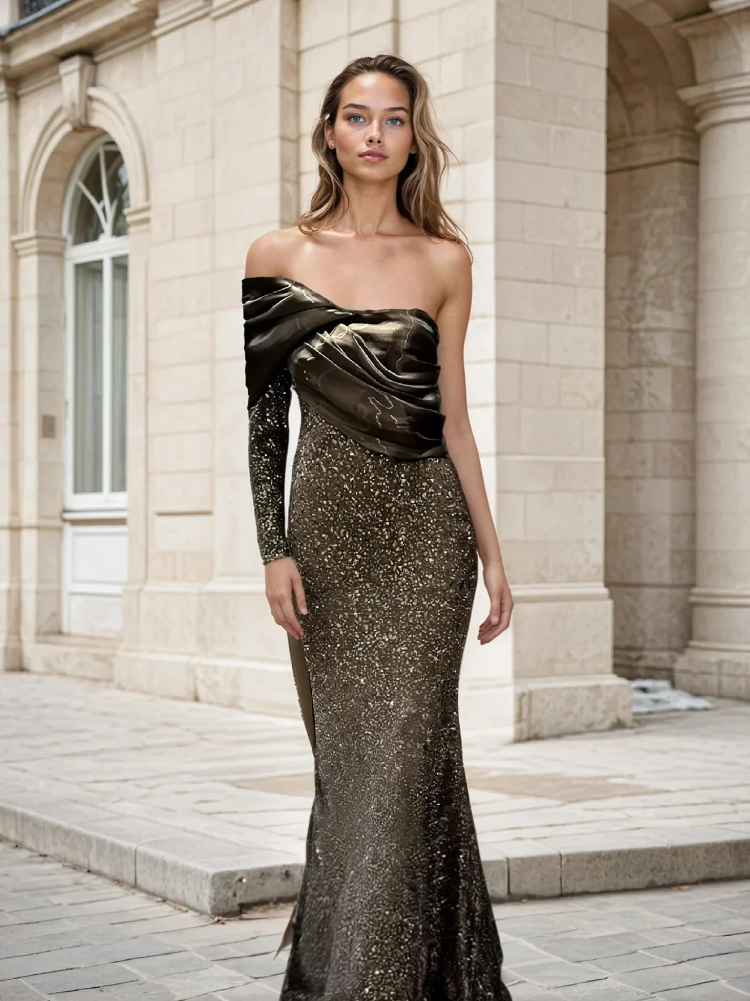 One Shoulder Sequined Evening Gown Style 1048