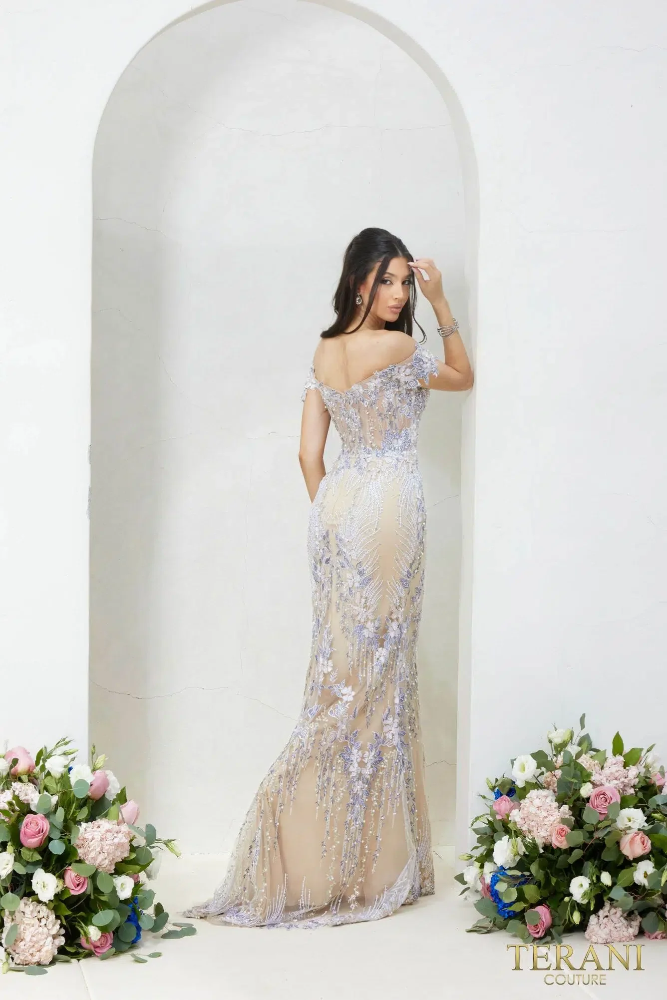 Trumpet Off-Shoulder Tulle Cream Nude Evening Dress Style 232GL1493 - Image 2